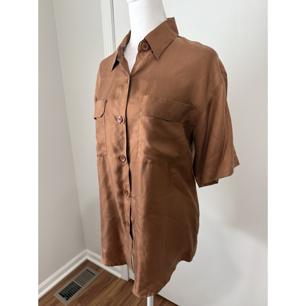 Silk House Size Small Brown Button Up Short Sleeve Blouse 100% Silk Women's - Picture 3 of 6